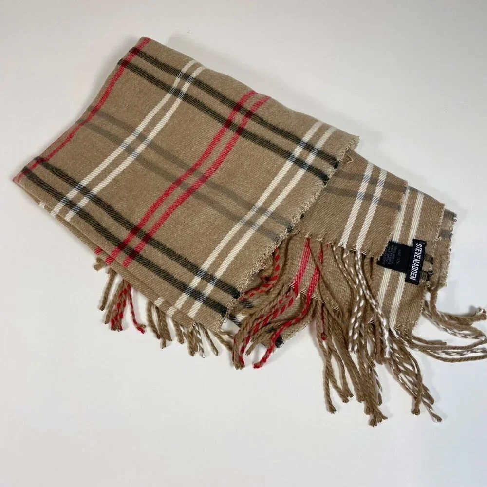 Steve Madden Plaid Rectangle Muffler Scarf Womens One Size Brown‎ Fringe Trim